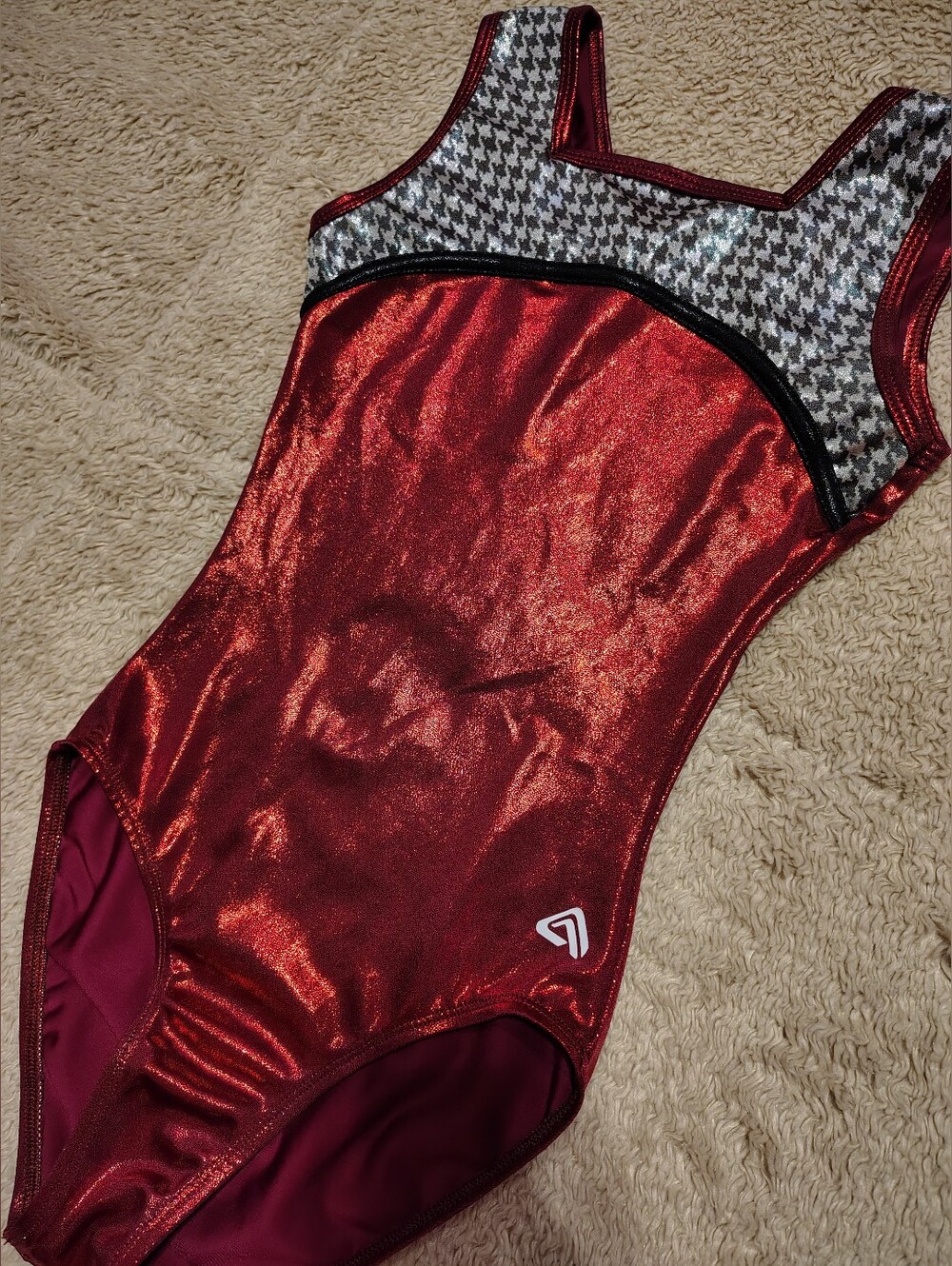 Alpha Factor Aerials Metallic Crimson Red Houndstooth Gymnastics Leotard Adult M
